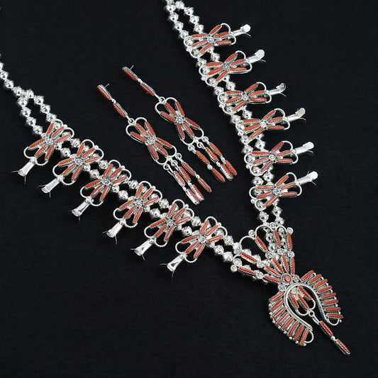Claudine Penketewa Coral & Sterling Silver Squash Blossom Necklace & Earrings