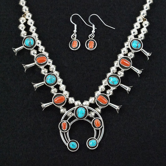 Phil Garcia Turquoise, Coral & Sterling Silver "Mini" Squash Blossom Necklace & Earrings