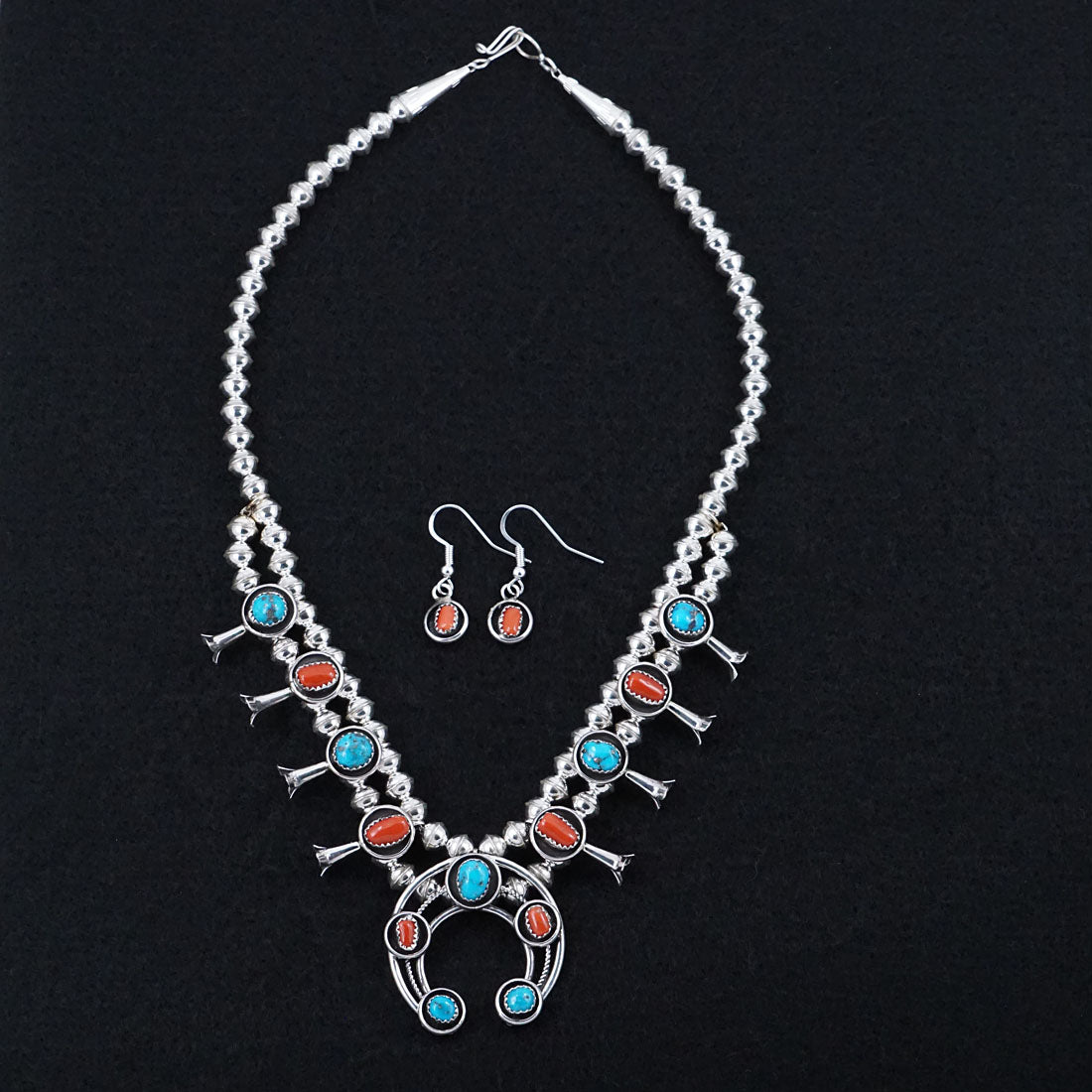 Phil Garcia Turquoise, Coral & Sterling Silver "Mini" Squash Blossom Necklace & Earrings