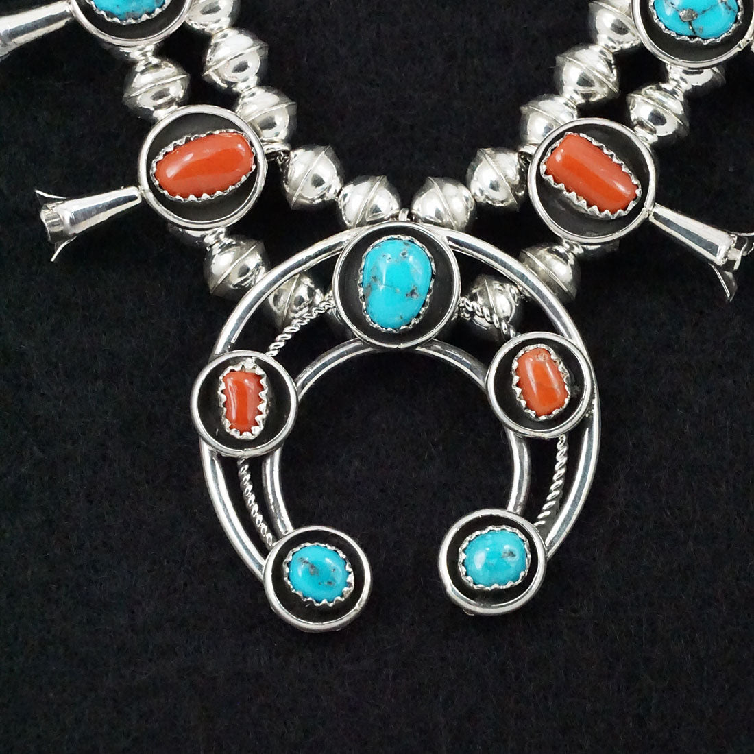 Phil Garcia Turquoise, Coral & Sterling Silver "Mini" Squash Blossom Necklace & Earrings