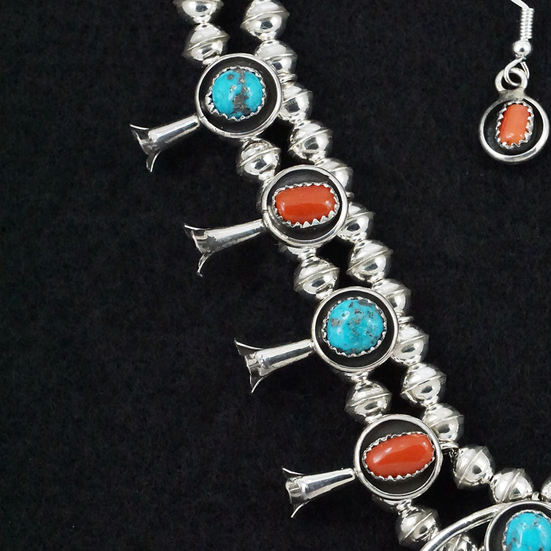 Phil Garcia Turquoise, Coral & Sterling Silver "Mini" Squash Blossom Necklace & Earrings