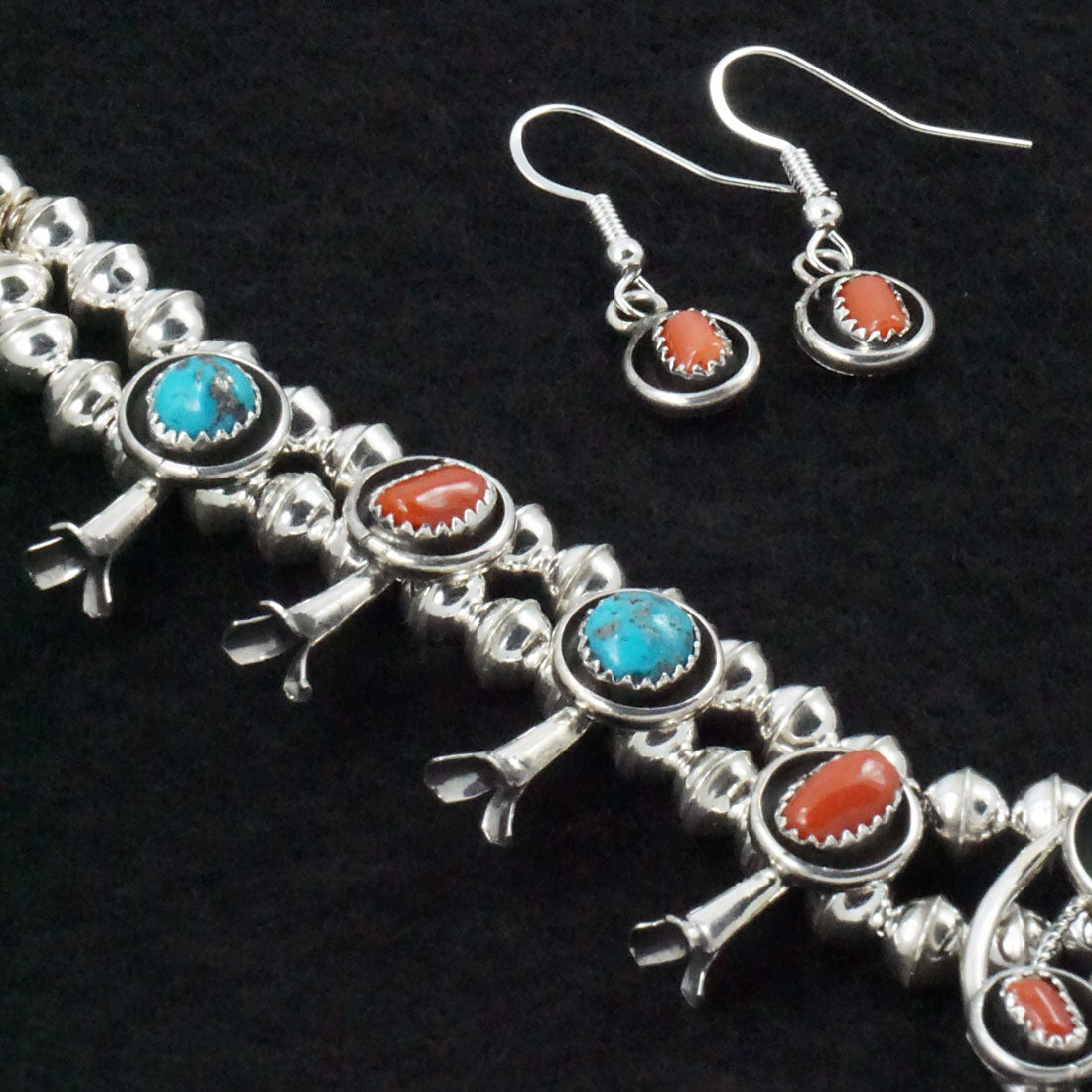 Phil Garcia Turquoise, Coral & Sterling Silver "Mini" Squash Blossom Necklace & Earrings