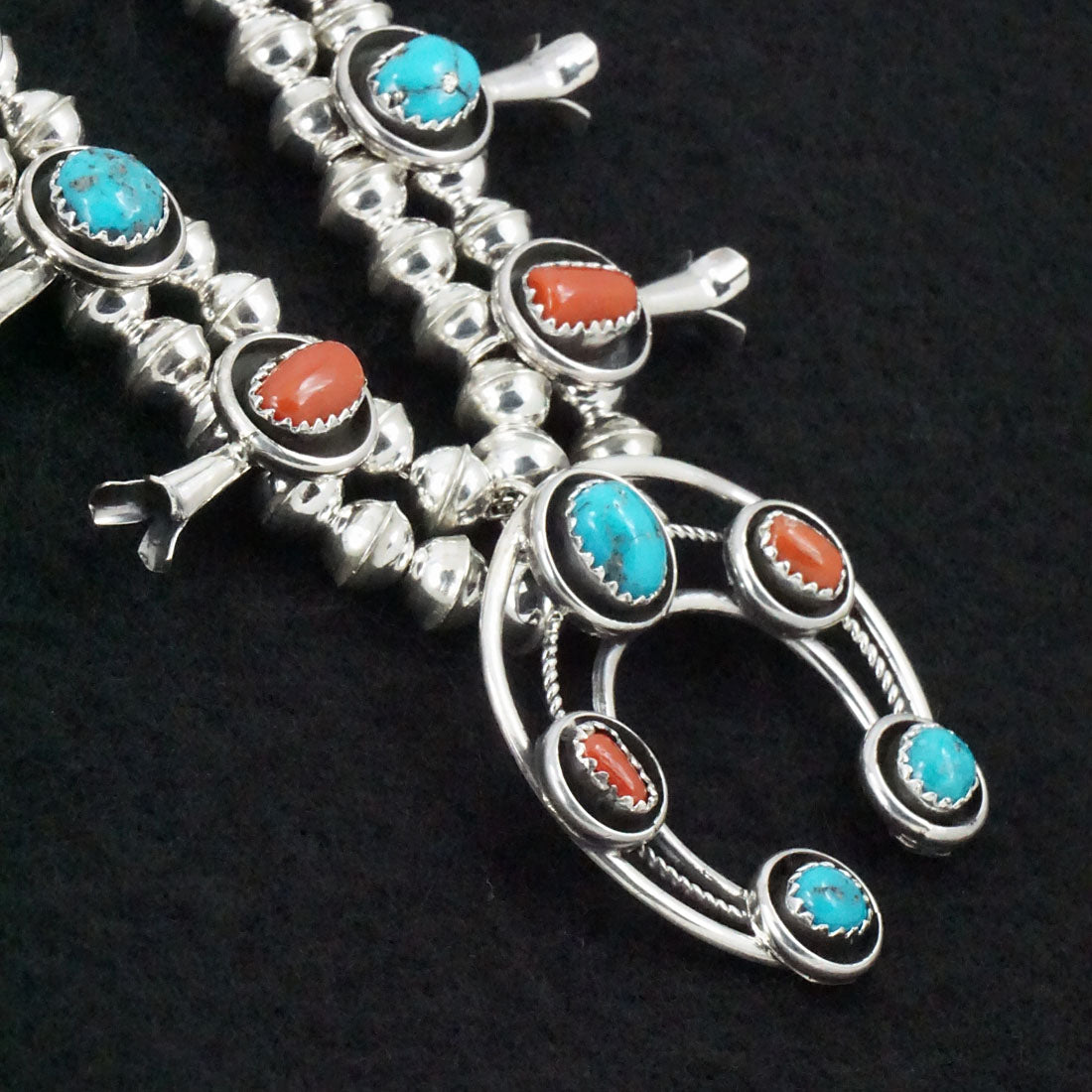 Phil Garcia Turquoise, Coral & Sterling Silver "Mini" Squash Blossom Necklace & Earrings