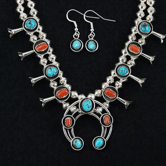 Phil Garcia Turquoise, Coral & Sterling Silver "Mini" Squash Blossom Necklace & Earrings