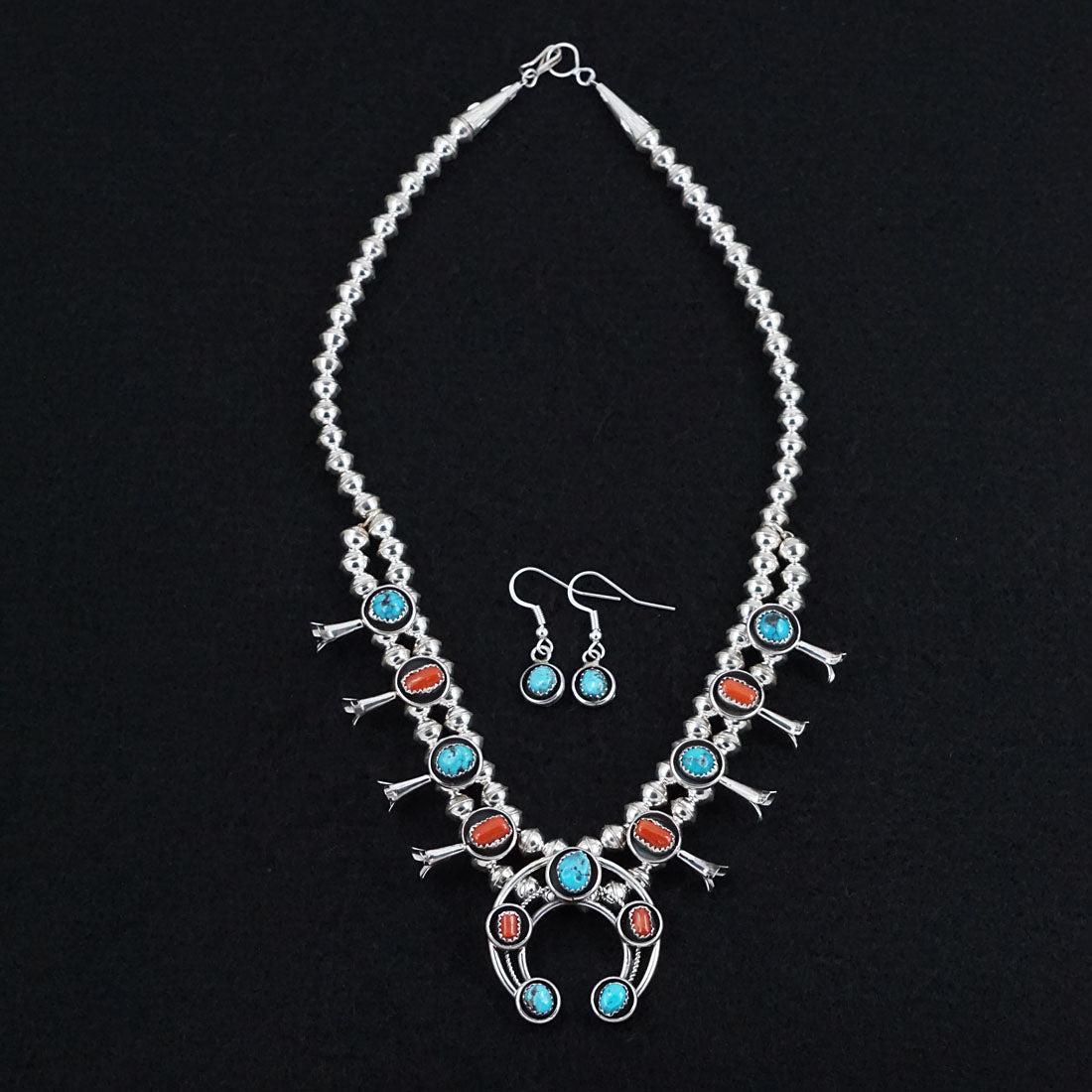 Phil Garcia Turquoise, Coral & Sterling Silver "Mini" Squash Blossom Necklace & Earrings