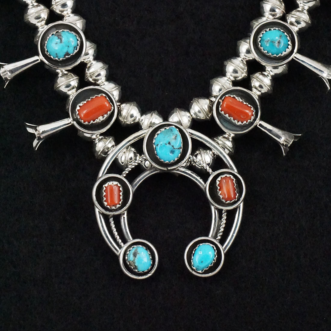 Phil Garcia Turquoise, Coral & Sterling Silver "Mini" Squash Blossom Necklace & Earrings