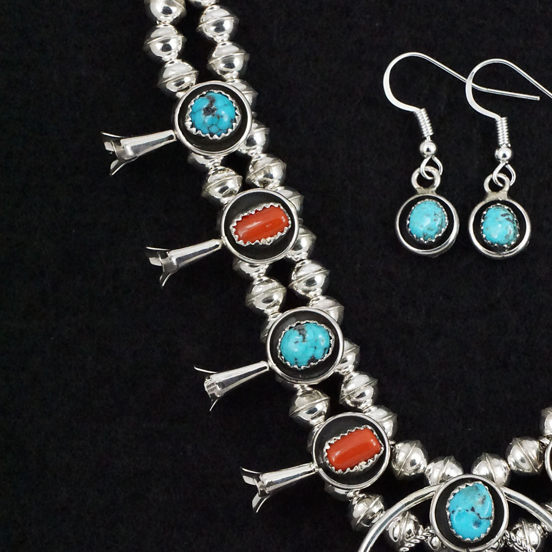 Phil Garcia Turquoise, Coral & Sterling Silver "Mini" Squash Blossom Necklace & Earrings