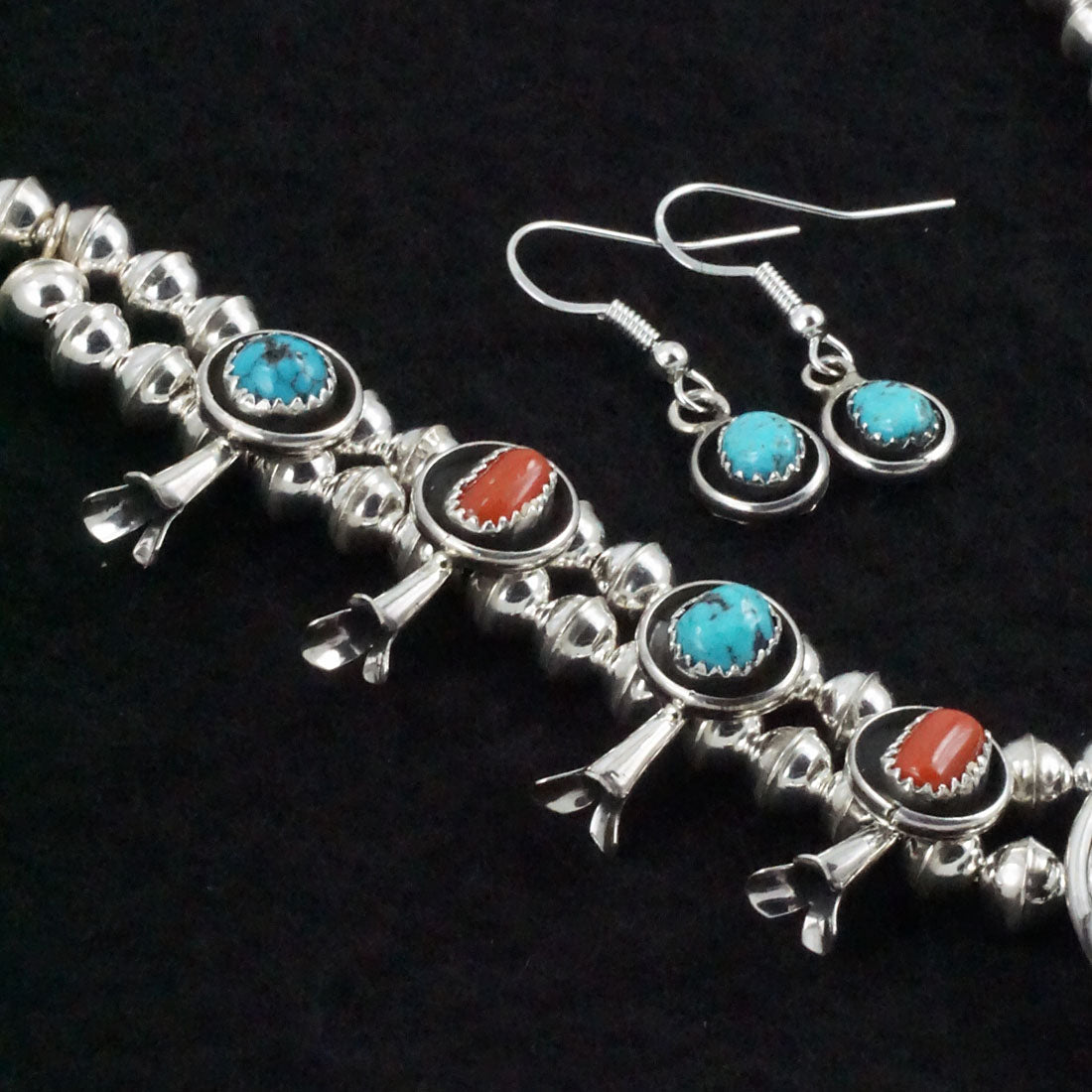 Phil Garcia Turquoise, Coral & Sterling Silver "Mini" Squash Blossom Necklace & Earrings