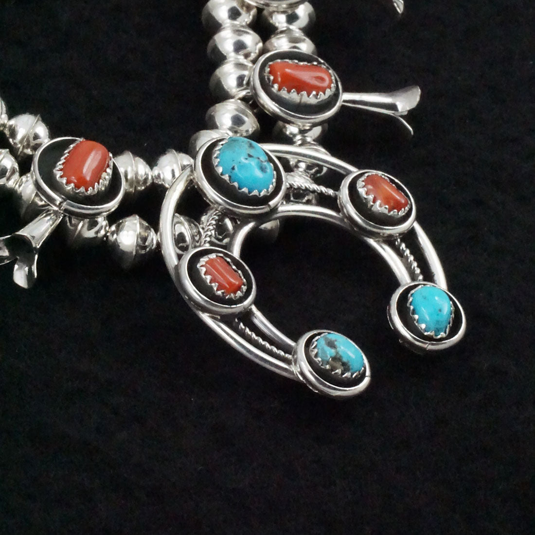 Phil Garcia Turquoise, Coral & Sterling Silver "Mini" Squash Blossom Necklace & Earrings