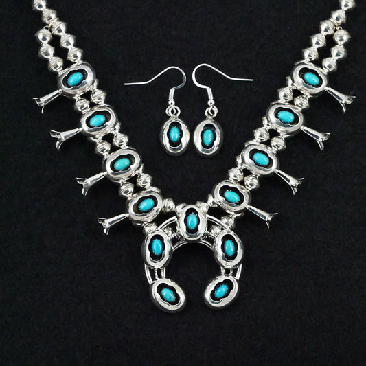 Phil Garcia Turquoise & Sterling Silver "Mini" Shadow Box Squash Blossom Necklace & Earrings