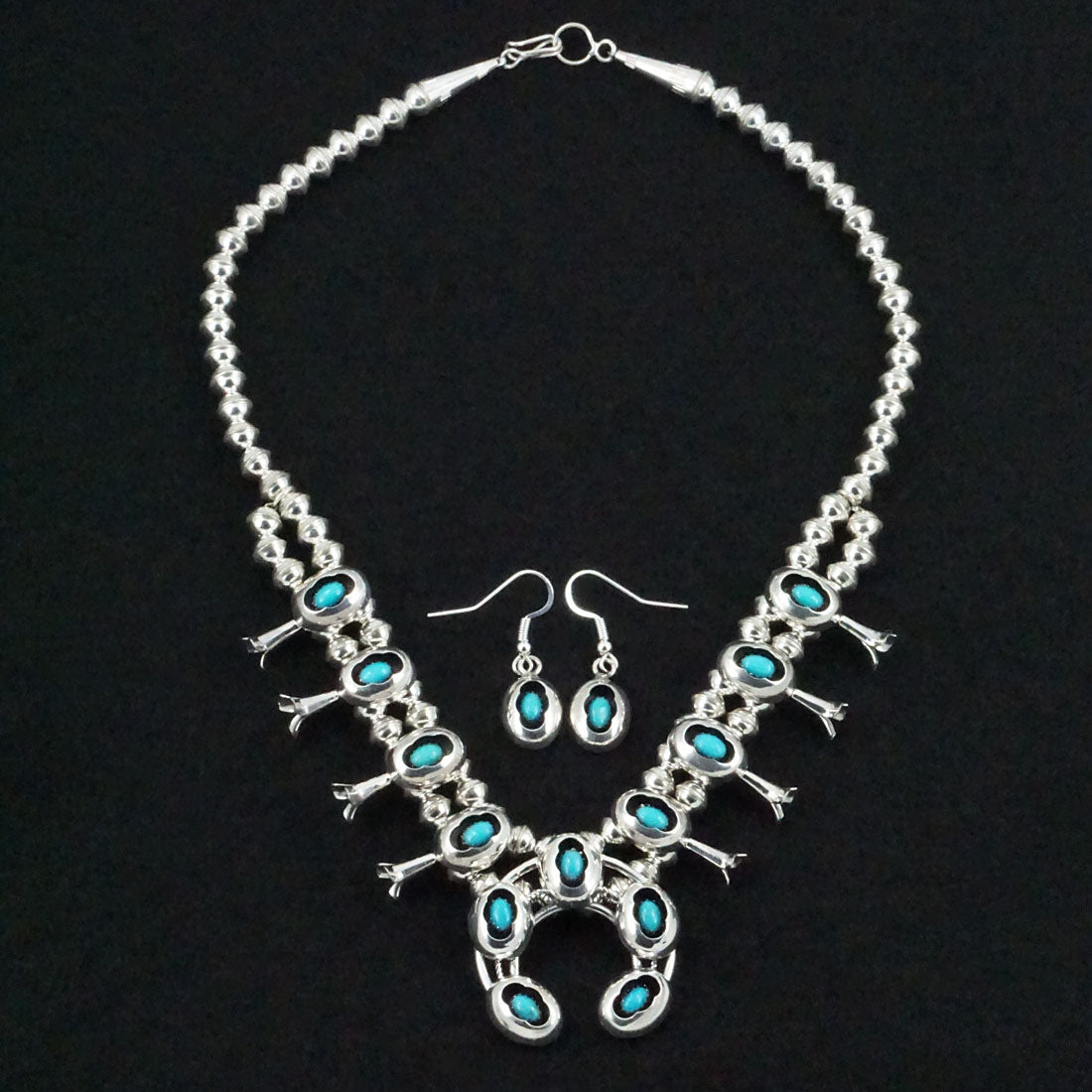 Phil Garcia Turquoise & Sterling Silver "Mini" Shadow Box Squash Blossom Necklace & Earrings