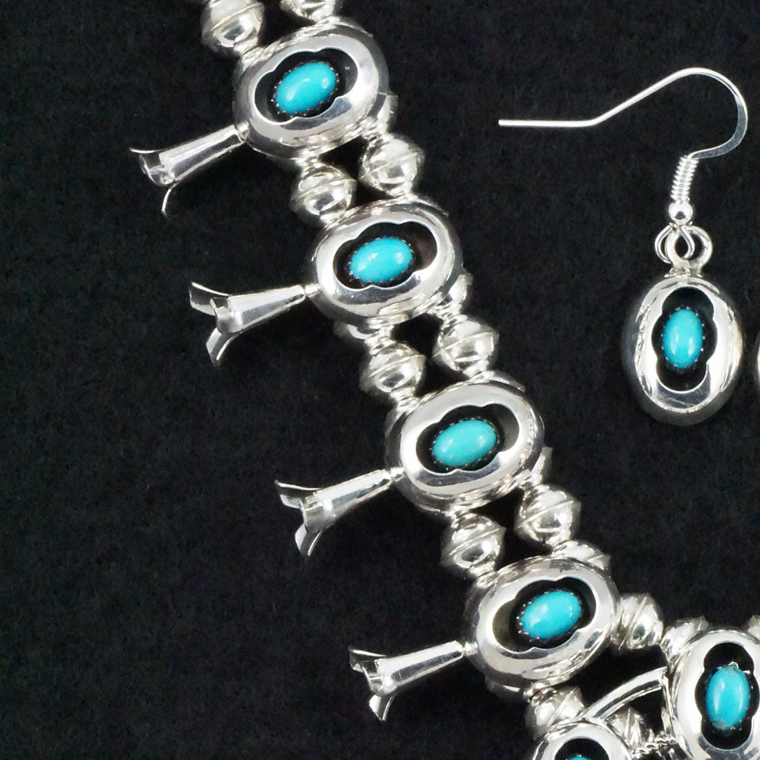 Phil Garcia Turquoise & Sterling Silver "Mini" Shadow Box Squash Blossom Necklace & Earrings