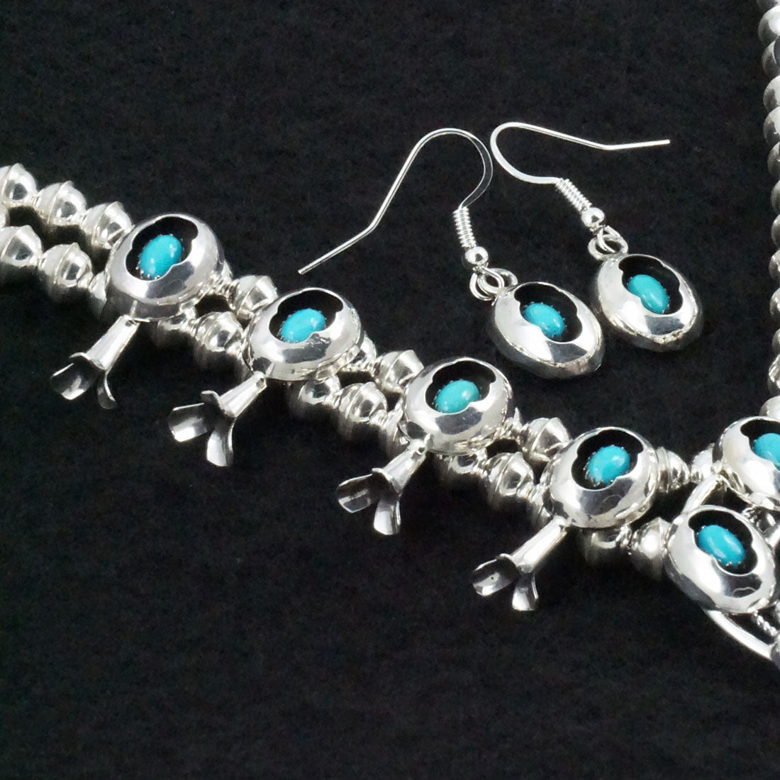 Phil Garcia Turquoise & Sterling Silver "Mini" Shadow Box Squash Blossom Necklace & Earrings