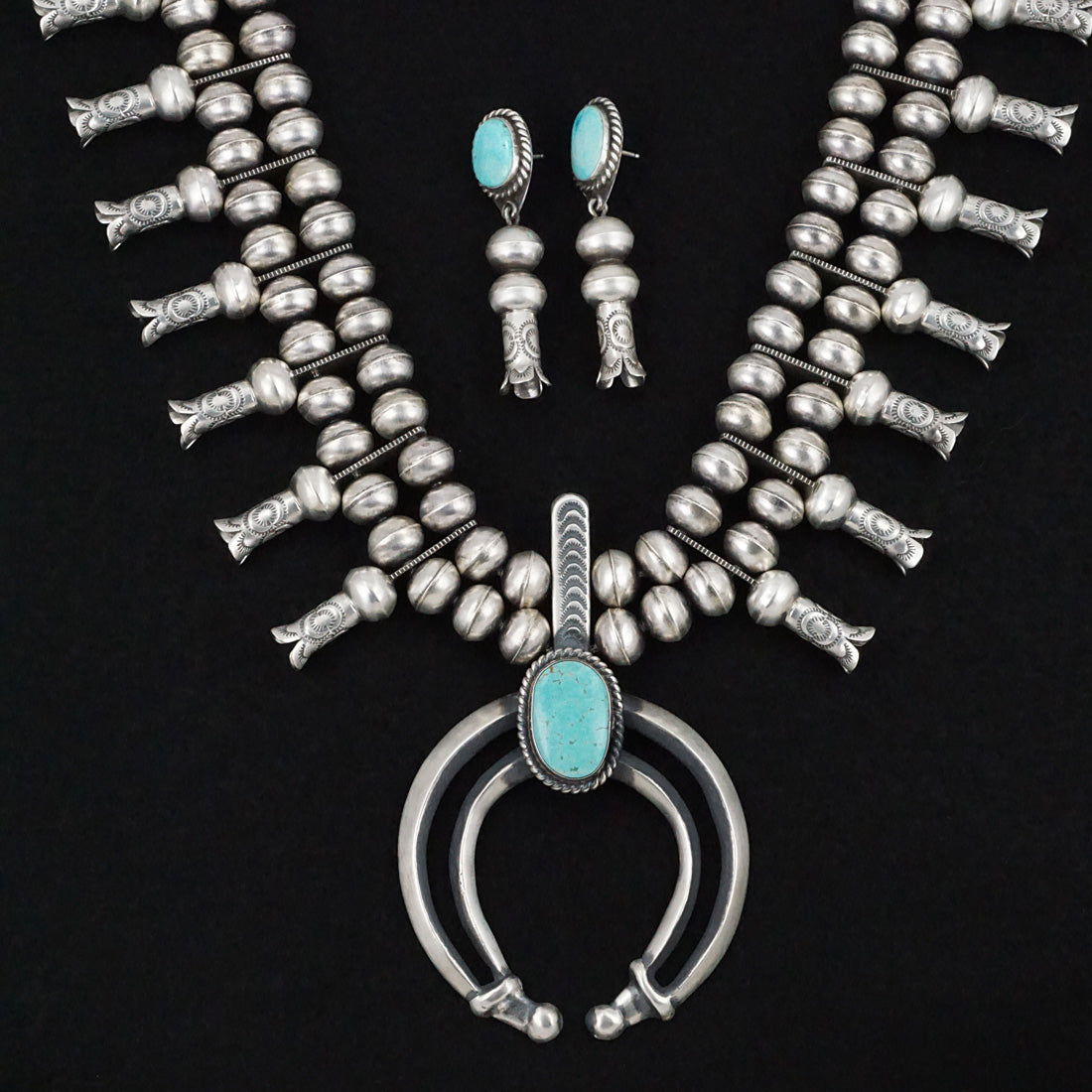 Chris Hale Turquoise & Sterling Silver Squash Blossom Necklace & Earrings