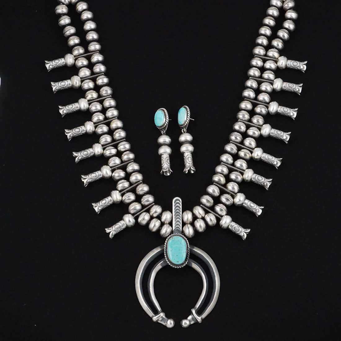 Chris Hale Turquoise & Sterling Silver Squash Blossom Necklace & Earrings