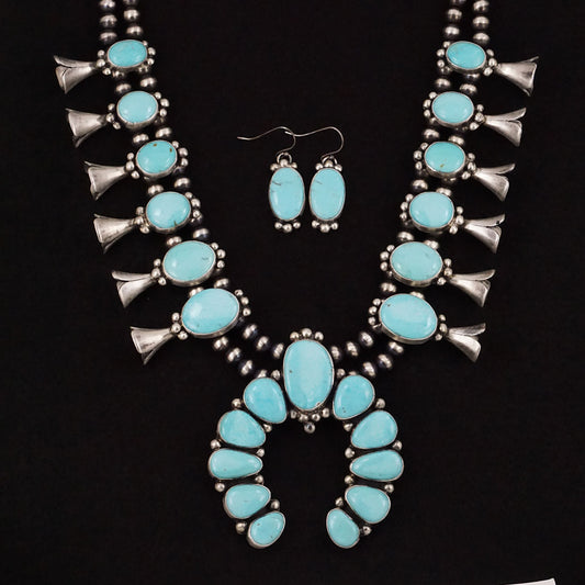 Bobby Johnson Turquoise & Sterling Silver Squash Blossom Necklace & Earrings