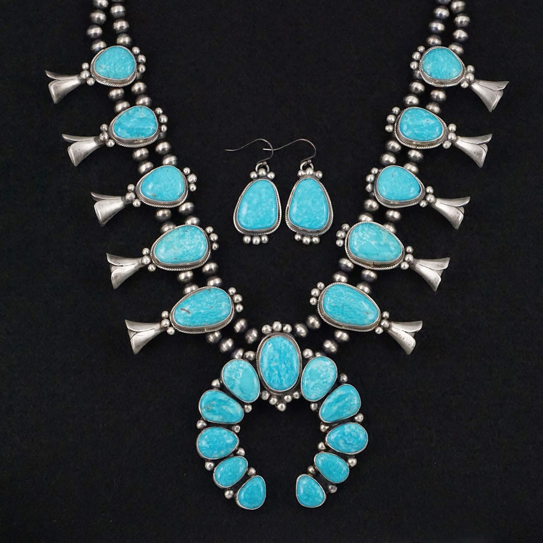 Bobby Johnson Turquoise & Sterling Silver Squash Blossom Necklace & Earrings