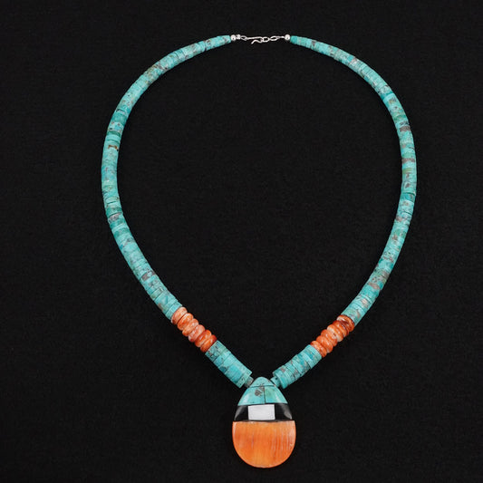 Lupe Lavato Turquoise, Spiny Oyster & Sterling Silver Necklace 20"