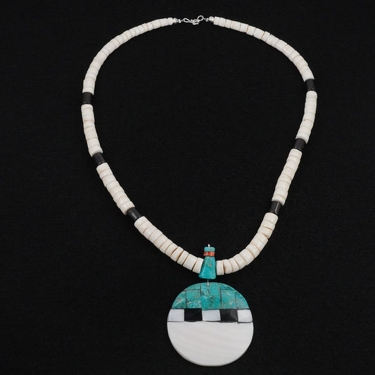 Lupe Lavato Turquoise, Melon Shell & Sterling Silver Necklace 22"