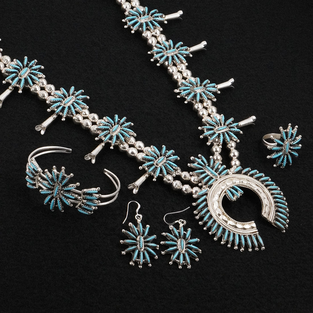 Gerald Etsate Turquoise & Sterling Silver Squash Blossom Set