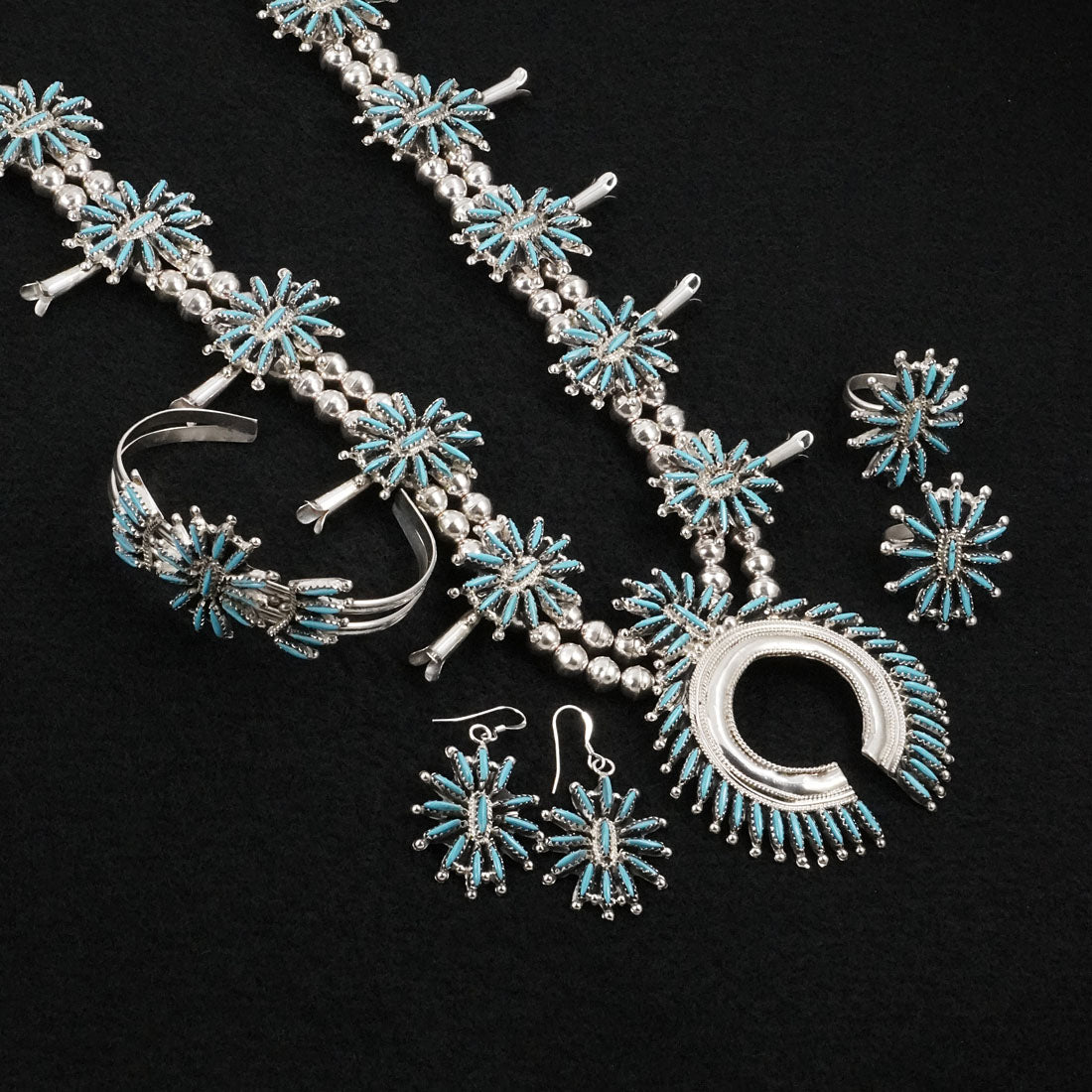 Gerald Etsate Turquoise & Sterling Silver Squash Blossom Set