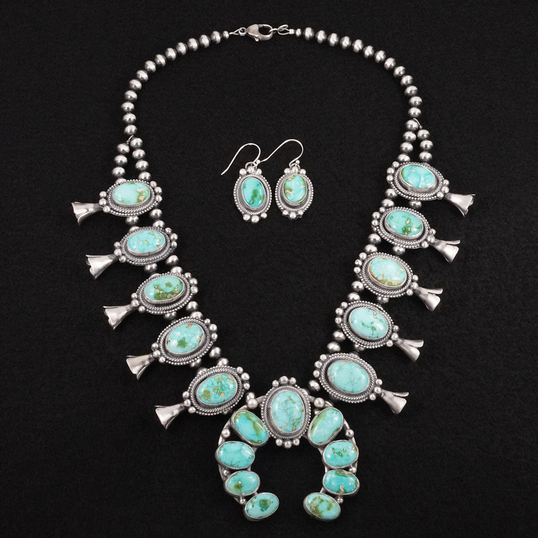 Bobby Johnson Turquoise & Sterling Silver Squash Blossom Set