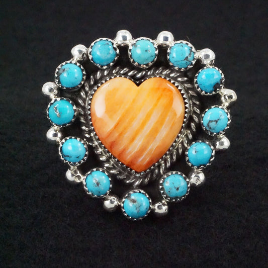 Sandra Parkett Turquoise, Spiny Oyster & Sterling Silver Ring Sz. 8.5 Adj.