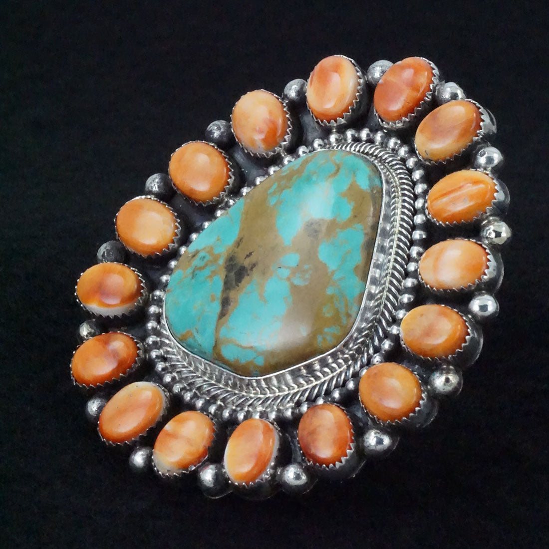 Hemerson Brown Turquoise, Spiny Oyster & Sterling Silver Ring Sz. 8 Adj.