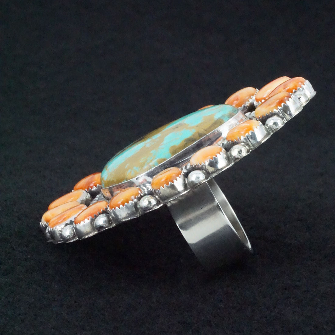 Hemerson Brown Turquoise, Spiny Oyster & Sterling Silver Ring Sz. 8 Adj.