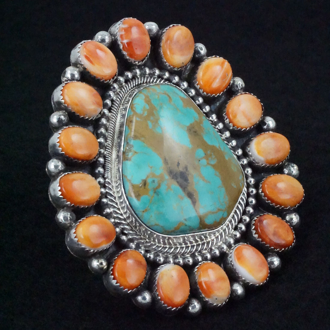 Hemerson Brown Turquoise, Spiny Oyster & Sterling Silver Ring Sz. 8 Adj.