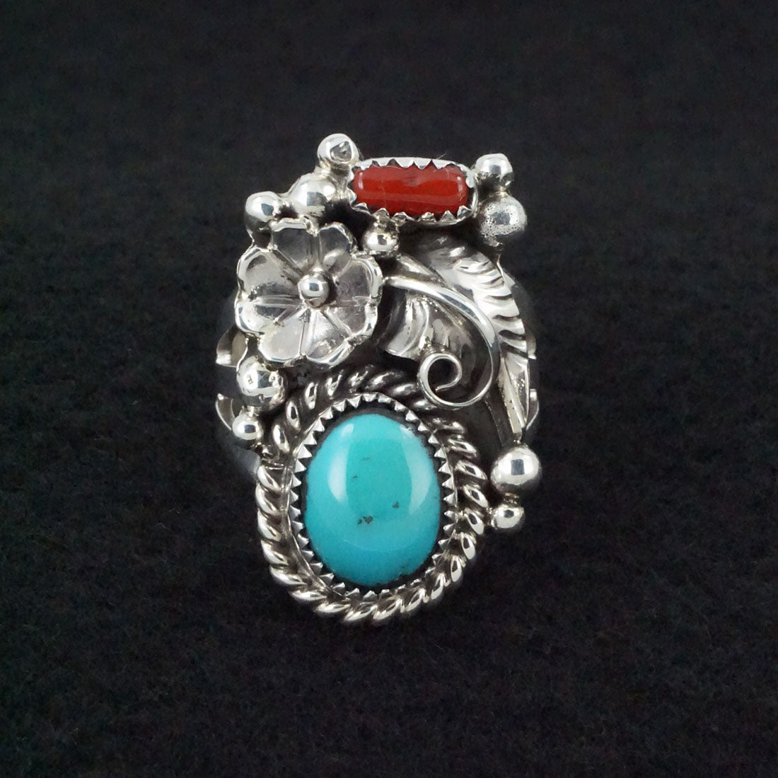 Sandra Parkett Turquoise, Coral & Sterling Silver Ring Sz. 7.5