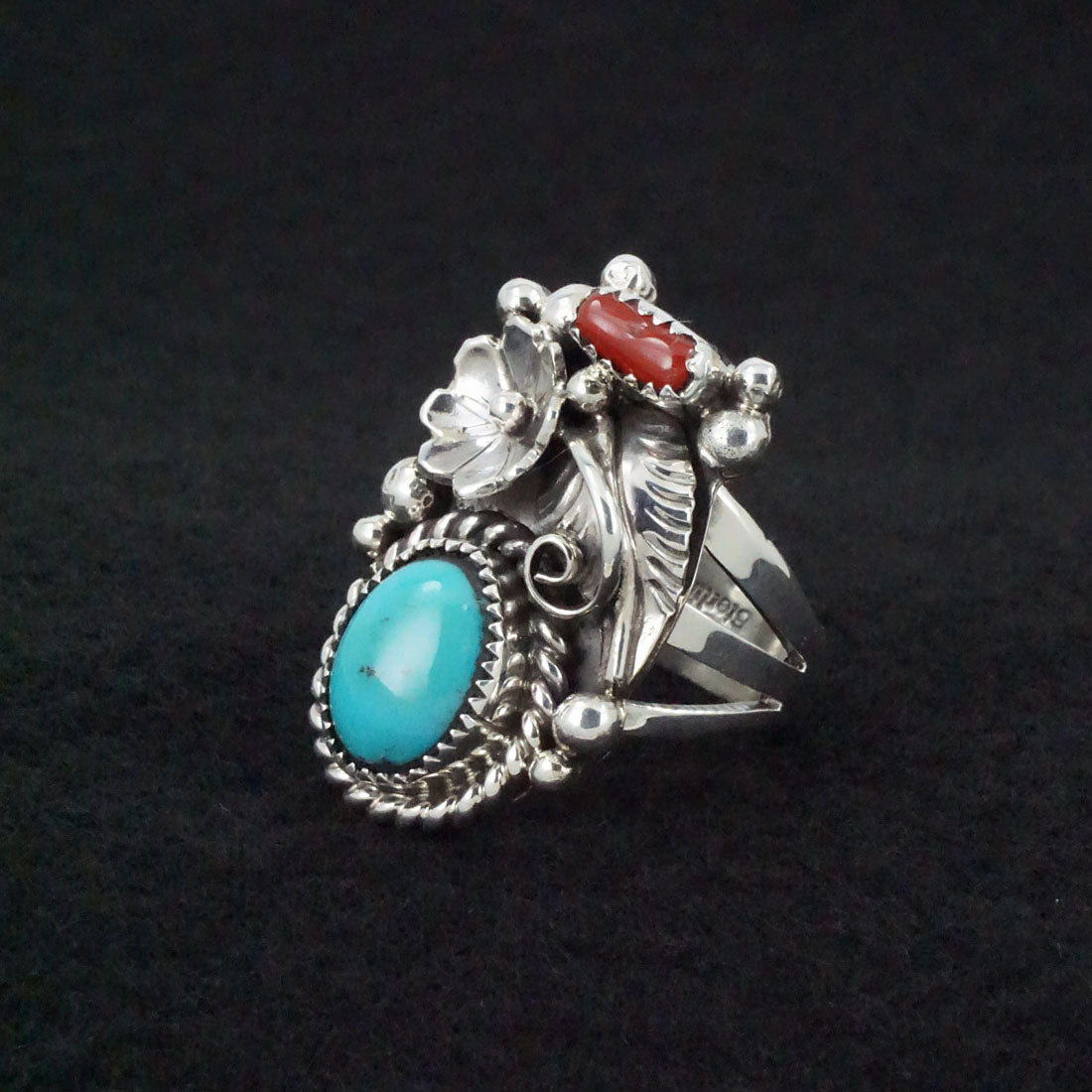 Sandra Parkett Turquoise, Coral & Sterling Silver Ring Sz. 7.5