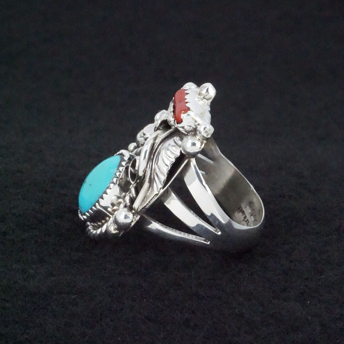 Sandra Parkett Turquoise, Coral & Sterling Silver Ring Sz. 7.5