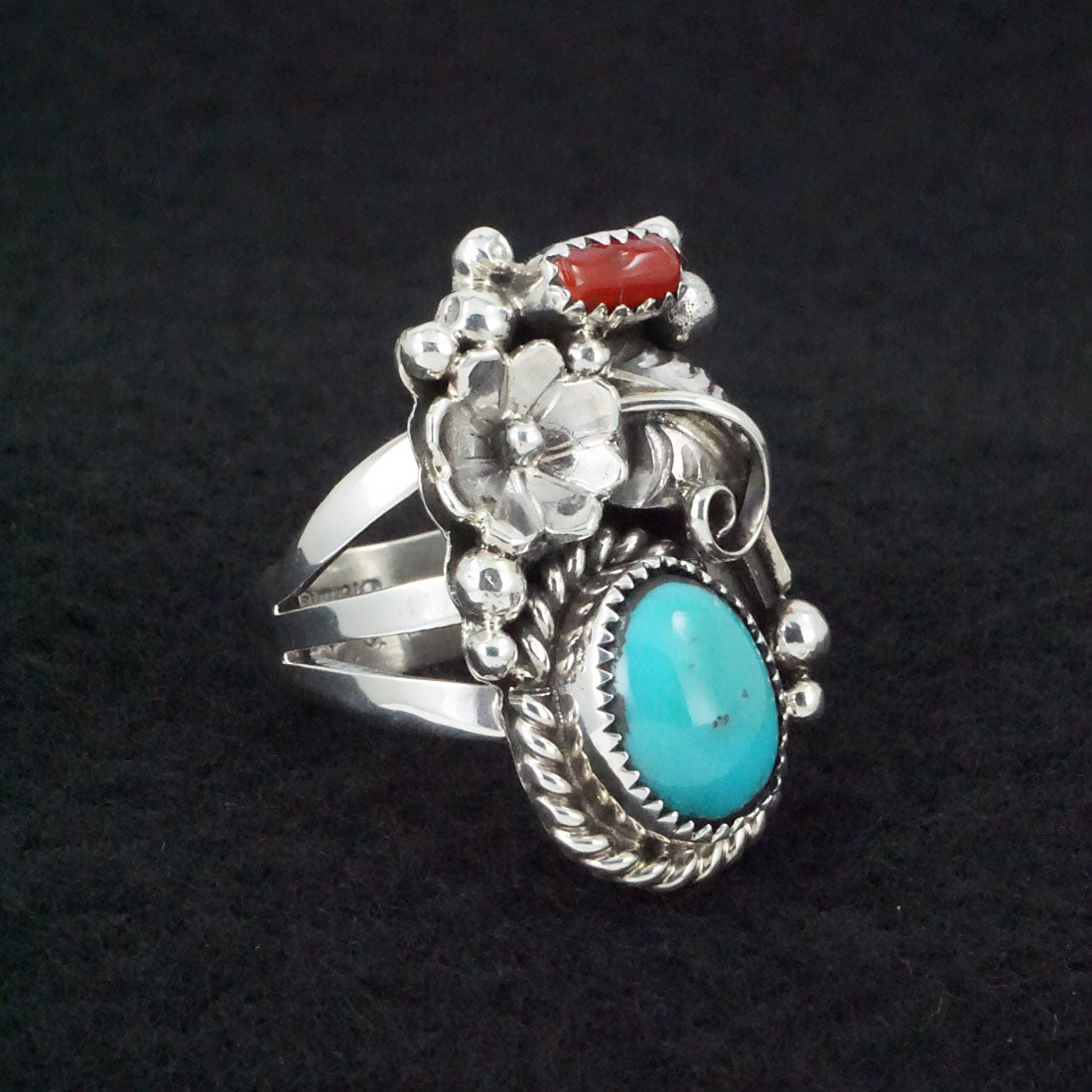 Sandra Parkett Turquoise, Coral & Sterling Silver Ring Sz. 7.5