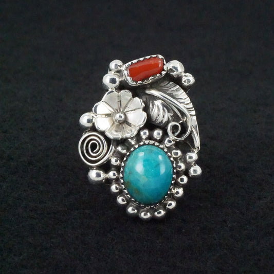 Sandra Parkett Turquoise, Coral & Sterling Silver Ring Sz. 7