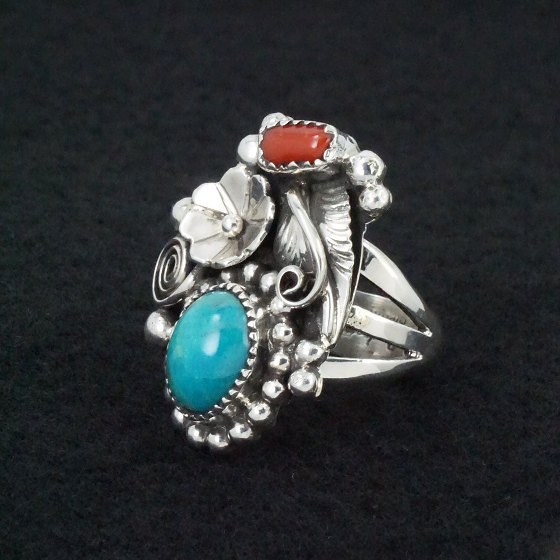 Sandra Parkett Turquoise, Coral & Sterling Silver Ring Sz. 7