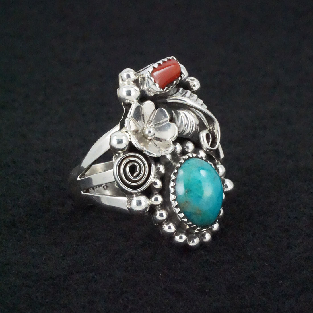 Sandra Parkett Turquoise, Coral & Sterling Silver Ring Sz. 7