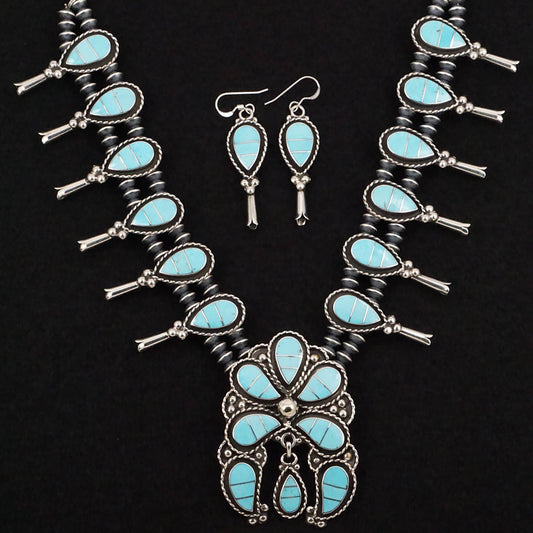 Faye Lowsayate Turquoise & Sterling Silver Squash Blossom Set