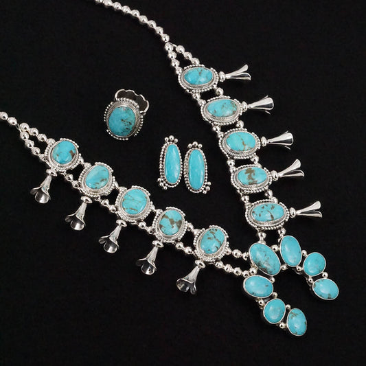 Kathleen Livingston Turquoise & Sterling Silver Squash Blossom Necklace Set