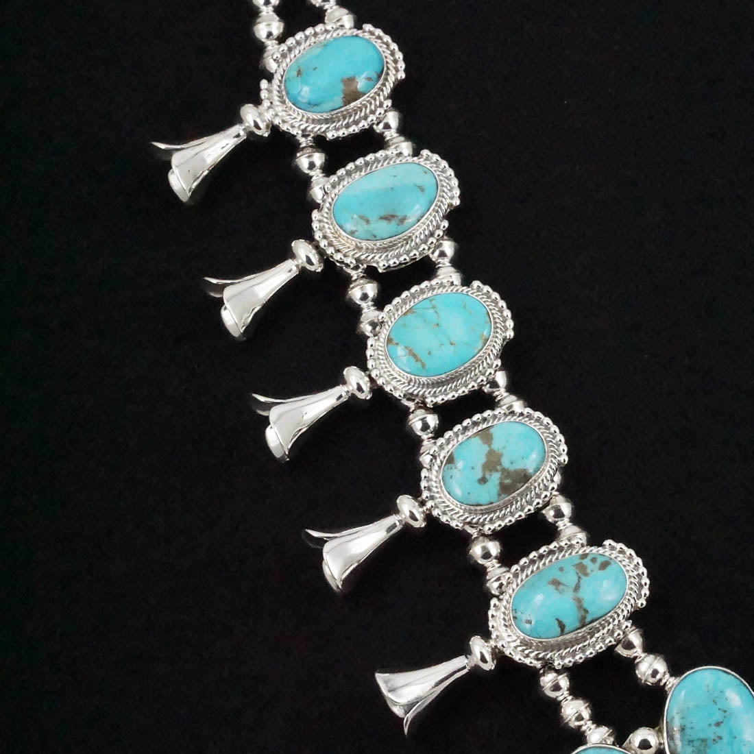 Kathleen Livingston Turquoise & Sterling Silver Squash Blossom Necklace Set