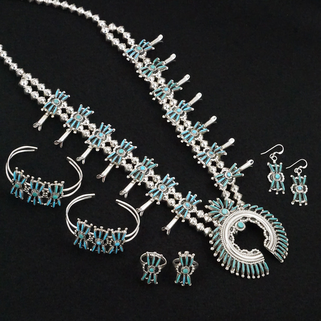 Jack Etsate Turquoise & Sterling Silver Squash Blossom Set