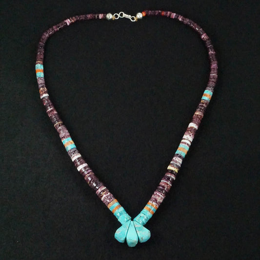 Joe Garcia Turquoise, Coral, Spiny Oyster & Sterling Silver Necklace