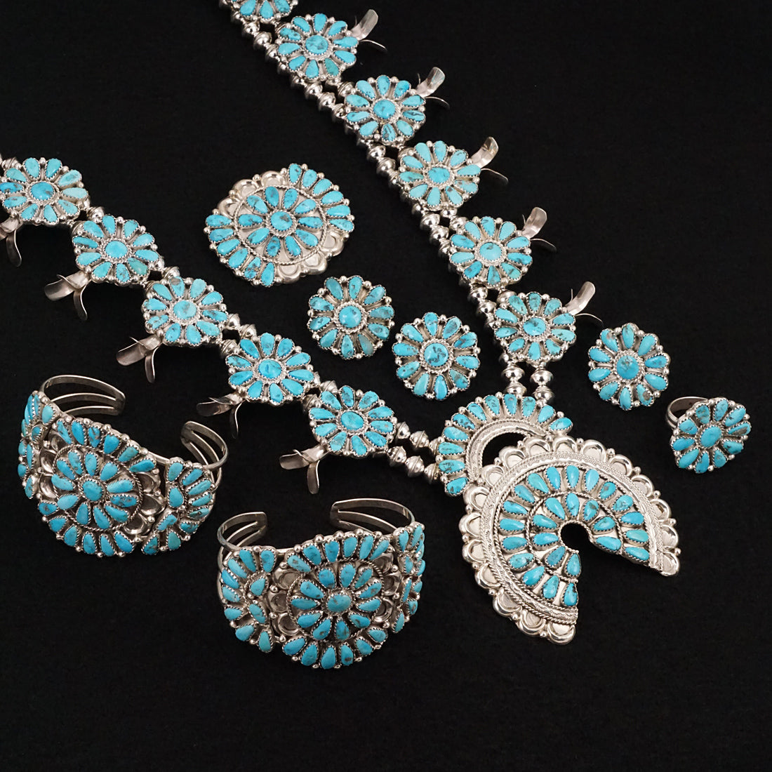 Justina Wilson Turquoise & Sterling Silver Squash Blossom Set