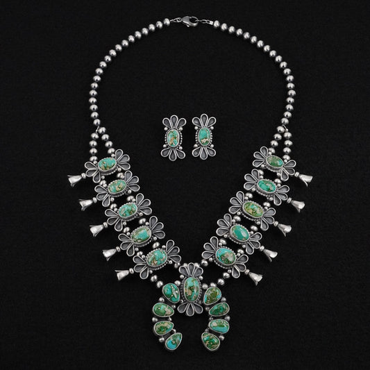 Darrin Livingston Turquoise & Sterling Silver Squash Blossom Necklace Set