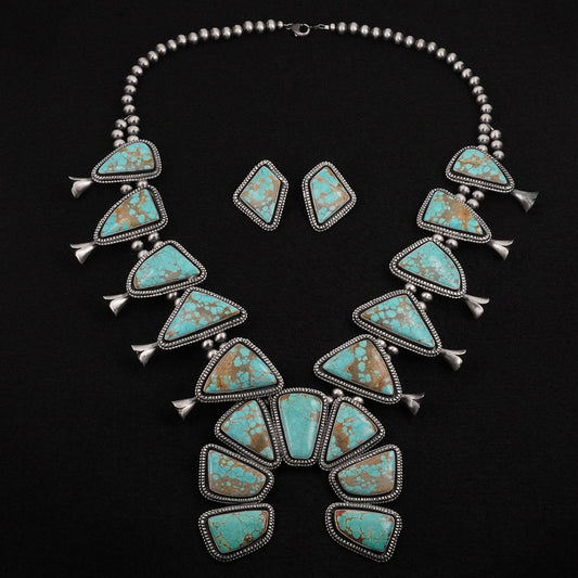 Paul Livingston Turquoise & Sterling Silver Squash Blossom Necklace Set