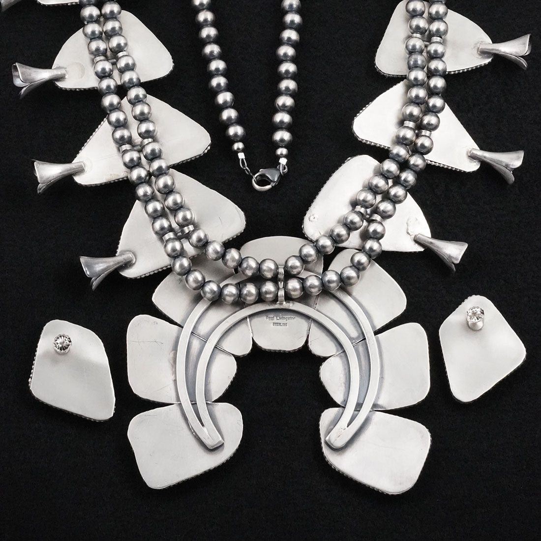Paul Livingston Turquoise & Sterling Silver Squash Blossom Necklace Set