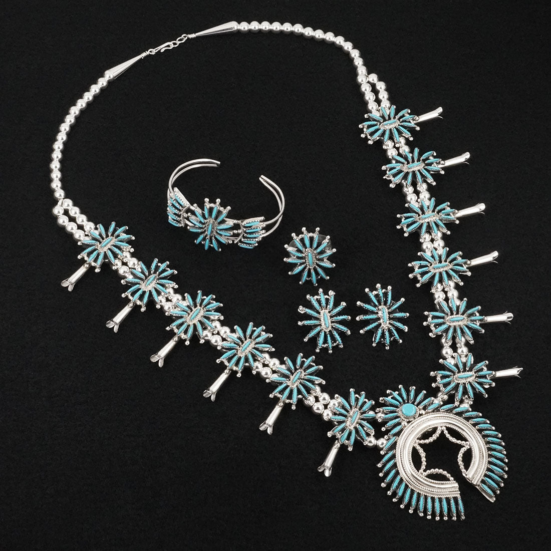 Gerald Etsate Turquoise & Sterling Silver Squash Blossom Set