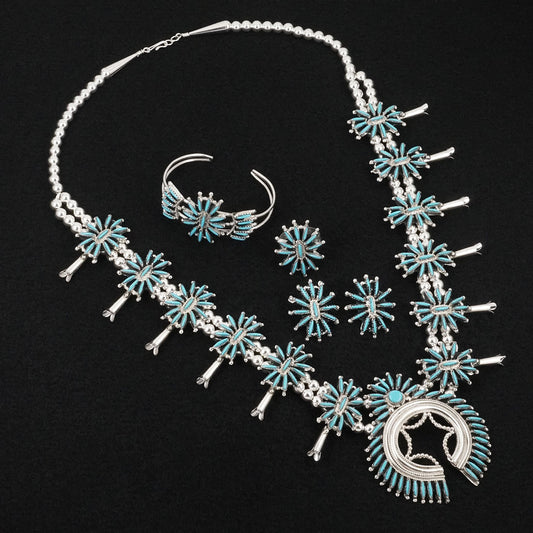 Gerald Etsate Turquoise & Sterling Silver Squash Blossom Set