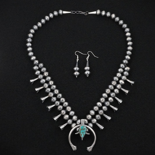 Gilbert Martin Turquoise & Sterling Silver Squash Blossom Necklace Set