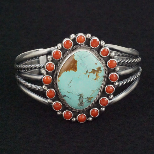 Chester Charley Turquoise, Coral & Sterling Silver Bracelet